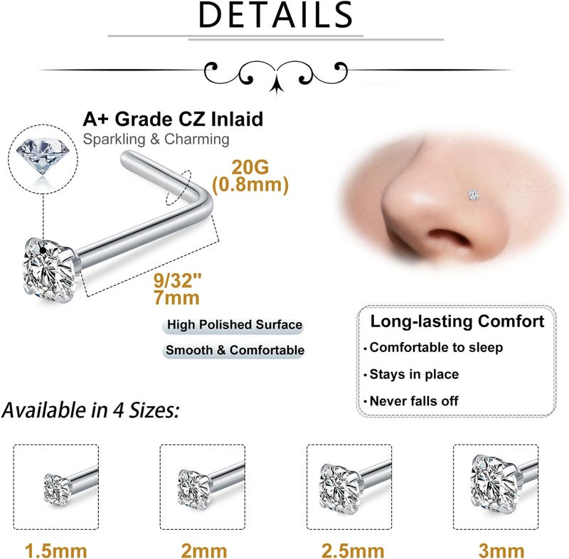 Incaton 20G Stainless Steel Nose Rings for Women Nose Rings Hoops L Shaped Nose Studs Screw Nose Piercing Jewelry for Women Men Silver Rose Gold Black Rainbow - Image 2